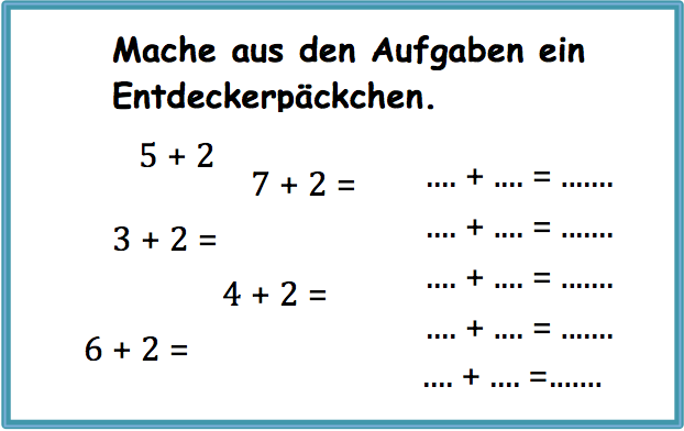 Überschrift: „Mache aus den Aufgaben ein Entdeckerpäckchen.“ Links die Aufgaben: „5 plus 2, 7 plus 2, 3 plus 2, 4 plus 2, 6 plus 2“. Rechts vorstrukturiertes Entdeckerpäckchen mit Platz für 5 Aufgaben.