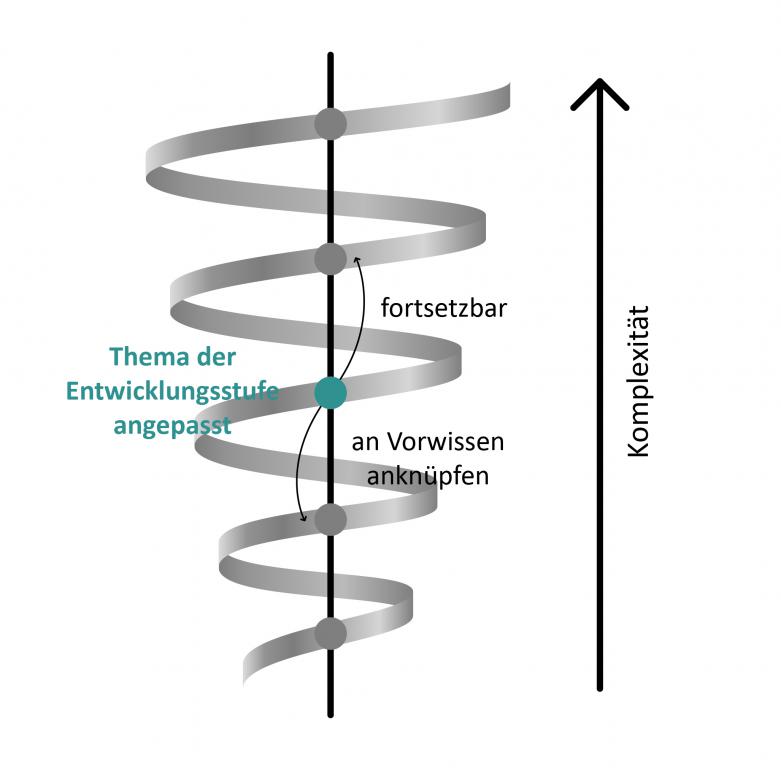 Schaubild zur Visualisierung des Spiralprinzips. Links: Spirale, die nach oben hin breiter wird. Mittig in der Spirale Strich nach oben. Daran markiert sind Punkte in regelmäßigen Abständen. Ein Punkt ist türkis markiert und beschriftet mit „Thema der Entwicklungsstufe angepasst“. Davon ausgehend ist ein Pfeil nach oben: „fortsetzbar“. Und ein Pfeil nach unten: „an Vorwissen anknüpfen“. Rechts von der Spirale zeigt ein langer Pfeil gerade nach oben: „Komplexität“.
