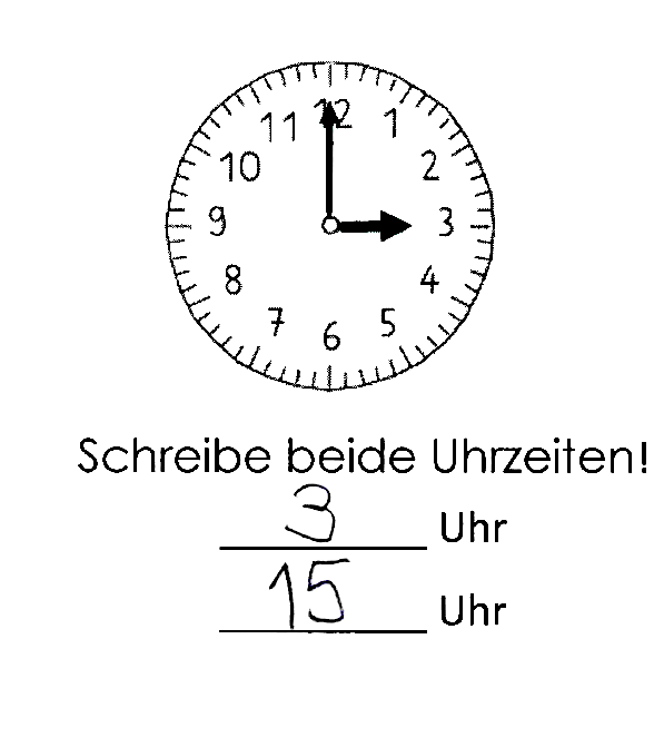 Darstellung einer Uhr. Der große Zeiger zeigt auf die 12 und der kleine auf die 3. Darunter die Aufgabenstellung: „Schreibe beide Uhrzeiten!“, Schülerlösung: „3 Uhr“ und „15 Uhr“.