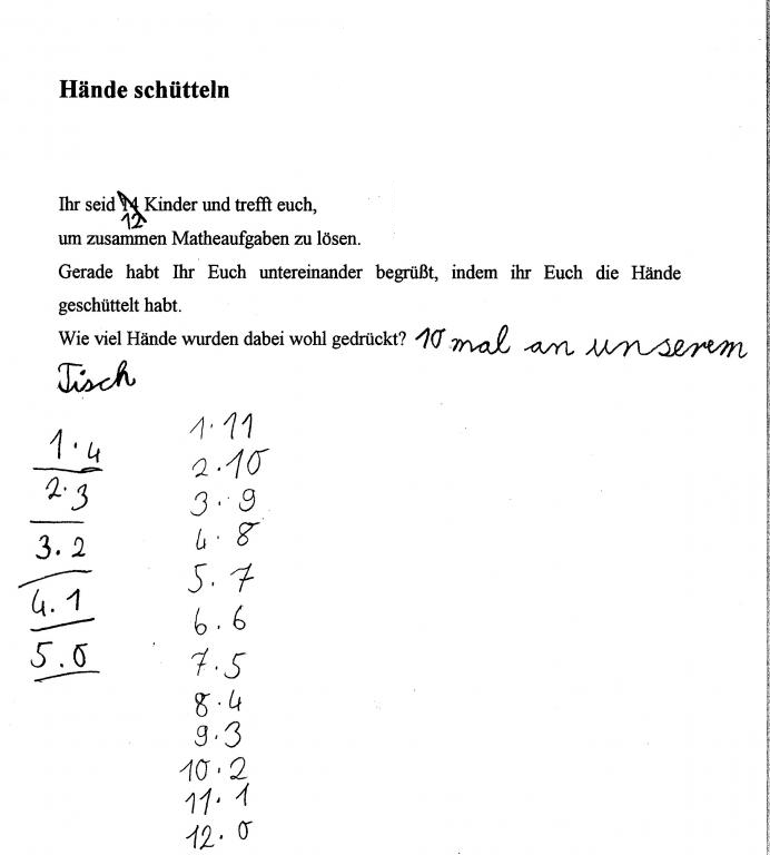 Arbeitsblatt „Hände schütteln“. Arbeitsauftrag: „Ihr seid 12 Kinder und trefft euch, um zusammen Matheaufgaben zu lösen. Gerade habt ihr euch untereinander begrüßt, indem ihr euch die Hände geschüttelt habt. Wie viele Hände wurden dabei wohl gedrückt?“ Schülerlösung: „10 mal an unserem Tisch. 1 mal 4, 2 mal 3, 3 mal 2, 4 mal 1, 5 mal 0, 1 mal 11, 2 mal 10, 3 mal 9, 4 mal 8, 5 mal 7, 6 mal 6, 7 mal 5, 8 mal 4, 9 mal 3, 10 mal 2, 11 mal 1, 12 mal 0.“