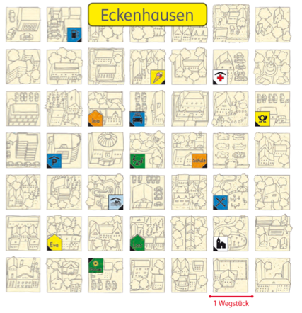 Ausschnitt aus dem Unterrichtsmaterial „Eckenhausen“ zur Auseinandersetzung mit Stadtplänen in der Grundschule sowie zur präformalen Beschäftigung mit Koordinatensystemen. 7 mal 7 nebeneinanderliegende, sich nicht berührende Quadrate mit Piktogrammen einer Stadt und verschiedenen Gebäuden. Die Zwischenräume sind die Straßen. 