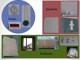 Foto von geometrischen Figuren im Alltag. Ausschnitt 1: „Kreise“: Foto einer Uhr, einer Steckdose, eines WC-Schildes. Ausschnitt 2: „Quadrate“: Foto der Tafel, von Badezimmerfliesen und der Deckenplatten. Ausschnitt 3: „Rechtecke“: Foto eines Fensters, eines Buchs, eines Tisches, eines Schranks und von Buchstabenkarten.