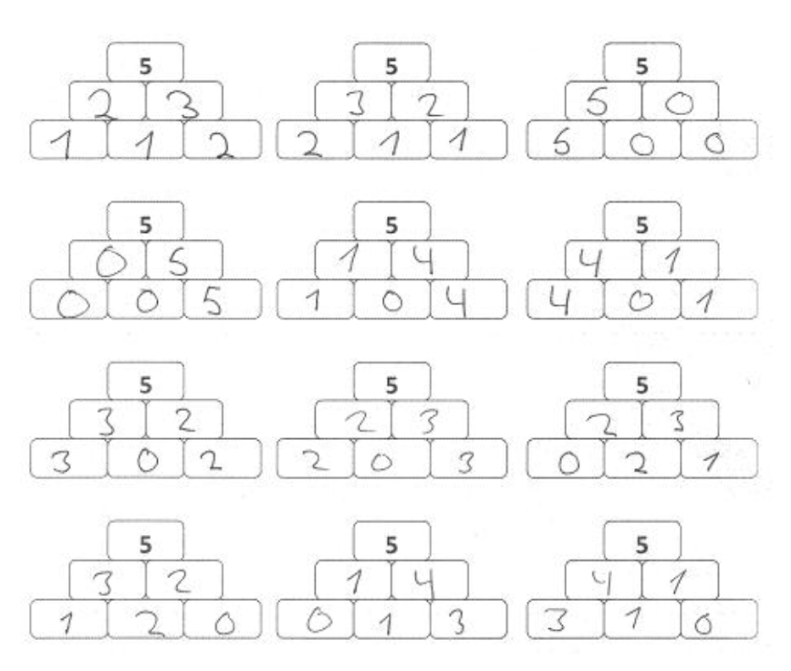 12 Zahlenmauern mit der Dachzahl 5.