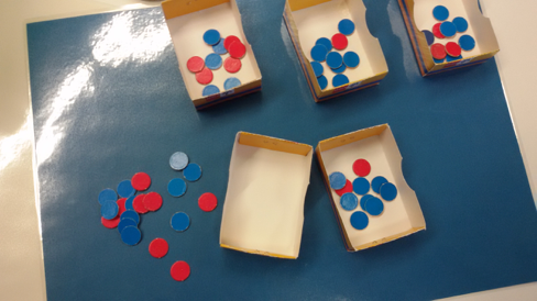 Foto zum Zählen von Plättchen. Links: unstrukturierter Haufen an Plättchen. Rechts: 5 Schachteln, in die jeweils 10 Plättchen gelegt wurden.