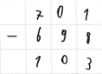 Kinderdokument einer schriftlichen Subtraktionsrechnung, wobei die Ziffern untereinander geschrieben wurden. „701 minus 698 gleich 103“. Es wurde kein Übertrag notiert.