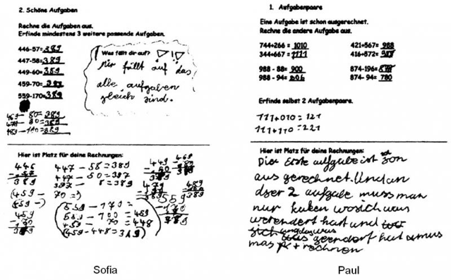 Gegenüberstellung zweier Kinderdokumente. Links Sofia: „Schöne Aufgaben“. Aufgabenstellung: „Rechne die Aufgaben aus. Erfinde mindestens 3 weitere passende Aufgaben“, darunter Subtraktionsaufgaben mit dem Ergebnis 389. „Was fällt dir auf?“ Schülerlösung: „Mir fällt auf, dass alle Aufgaben gleich sind.“ Darunter: „Hier ist Platz für deine Rechnungen.“ Die Schülerin hat hier verschiedene Hilfsrechnungen notiert. Rechts Paul: „Aufgabenpaare“. Aufgabenstellung: „Eine Aufgabe ist schon ausgerechnet. Rechne die andere Aufgabe aus.“ Darunter Aufgabenpaar mit Additionsaufgaben im Zahlraum bis 1000. „Erfinde selbst 2 Aufgabenpaare“, Schülerlösung: „111 plus 10 = 121, 111 plus 110 =221“. Darunter: „Hier ist Platz für deine Rechnungen“. Schülerlösung: „Die erste Aufgabe ist schon ausgerechnet und an der zweiten Aufgabe muss man nur gucken wo sich was verändert hat und das was sich geändert hat muss man rechnen.“ (Rechtschreibung angepasst)