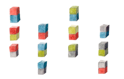 Illustration aller zweistöckigen Türme: graublau, graugrün, graurot, grünblau, grünrot, grüngrau, blaurot, blaugrün, blaugrau, rotblau, rotgrün, rotgrau.