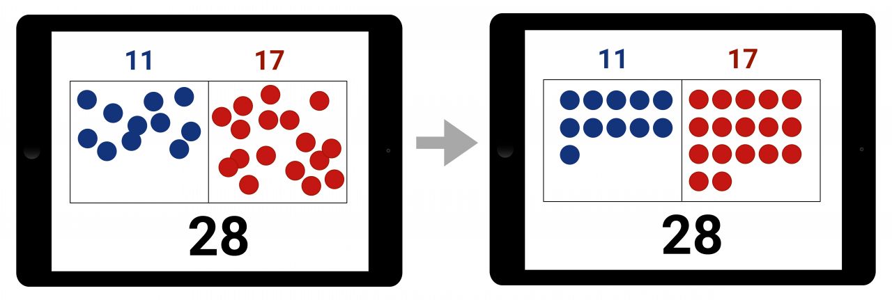 2 Tabletbildschirme. Links: Tabelle mit 28 unstrukturierten Plättchen. Rechts: Tabelle mit 28 Plättchen, die nach der Kraft der Fünf strukturiert wurden.