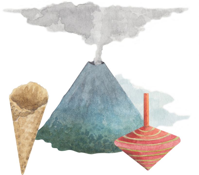 Abbildung von 3 kegelförmigen Alltagsgegenständen: Eishörnchen, Kreisel, Vulkan.