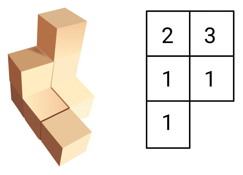 Abbildung eines Würfelgebäudes mit nebenstehendem Bauplan der Draufsicht.